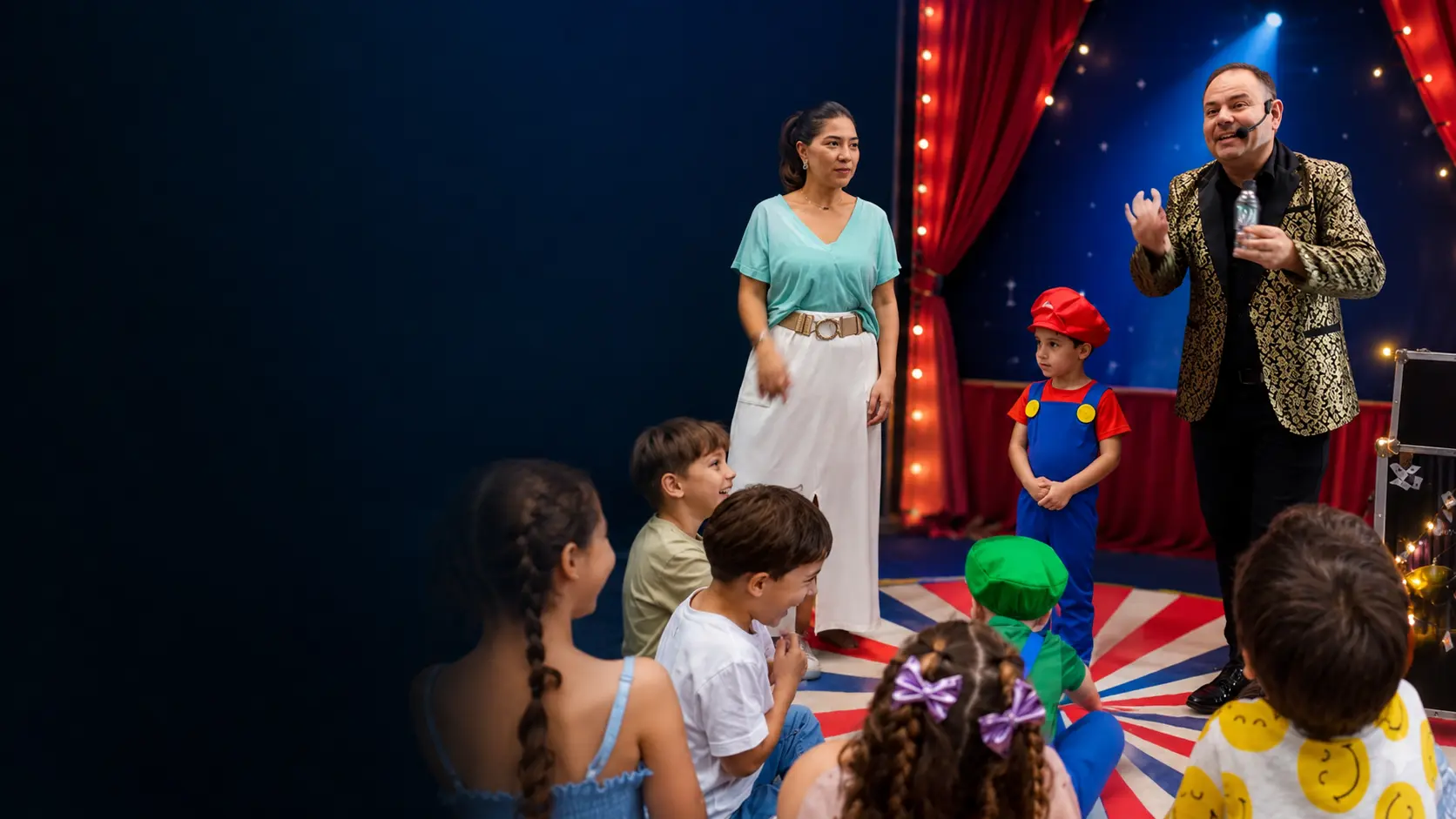 Público infantil interagindo com o mágico