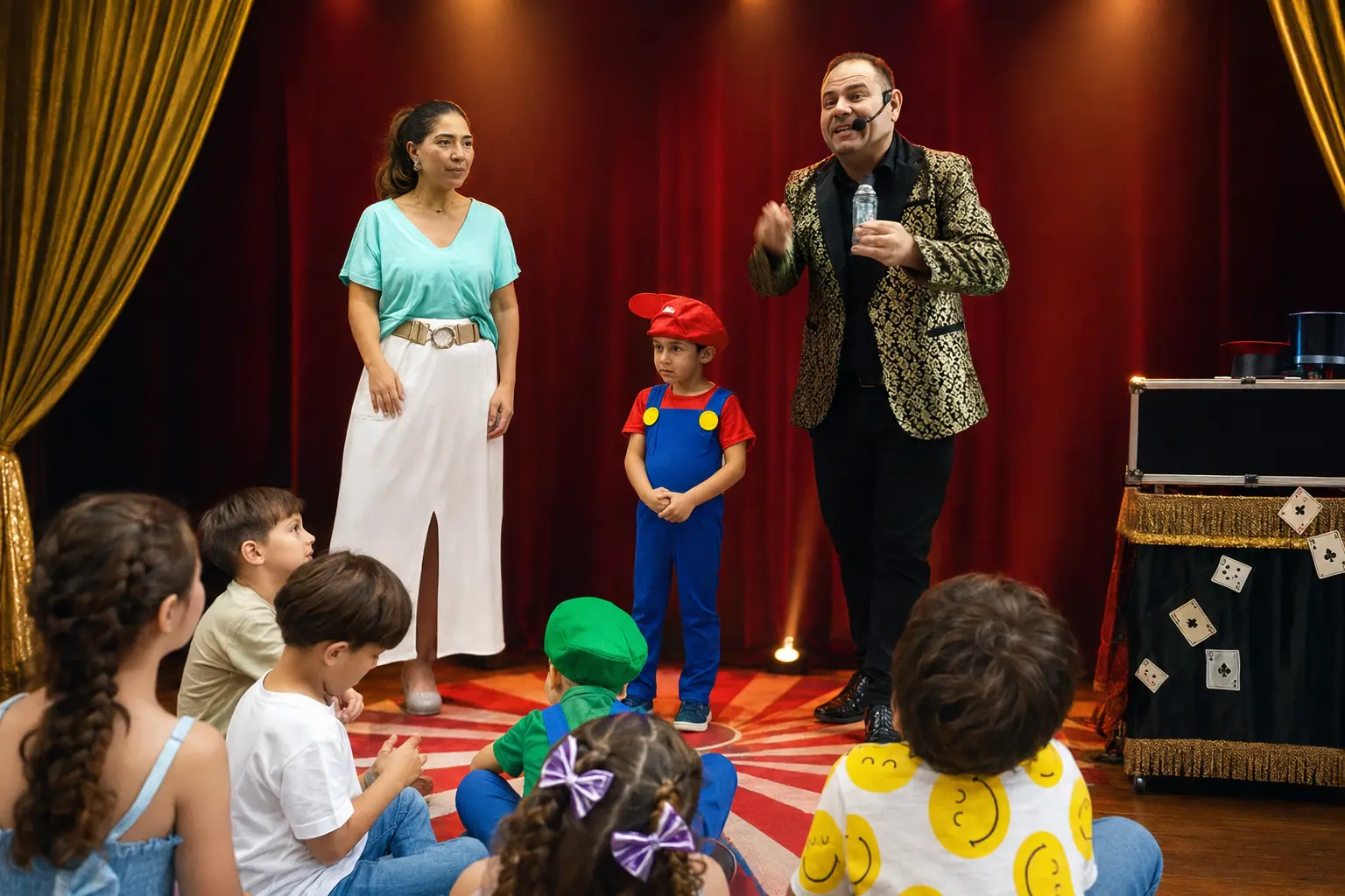 Mágico Rodrigo Bento interagindo com crianças no show infantil
